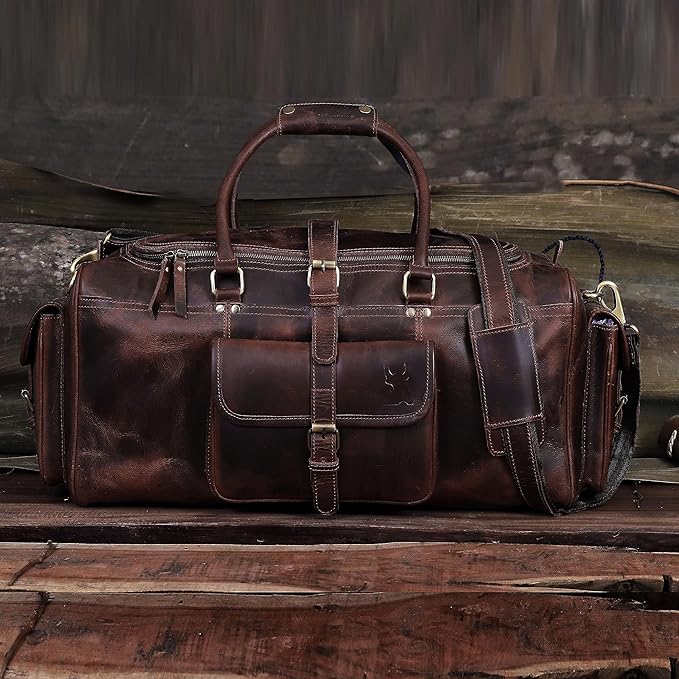 Duffle Bag For Men and Women, 28 Inch Vintage Buffalo Leather Travel Duffle Bag, Genuine Carry On Overnight Bag, Weekender Gym Bag with Shoulder Strap, Carry on Luggage Bags