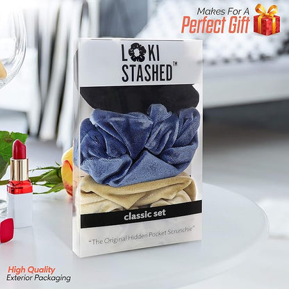 3-Pack Velvet Hair Tie Scrunchies for Girls & Women, The Original Hidden Pocket Scrunchie with Zipper Pocket Storage, Accessories, Small Items, Keys, Money - Navy, Tan, Black Color