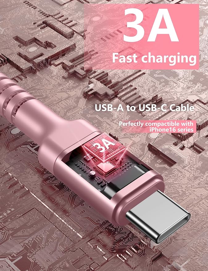 iPhone 16 USB C Cable Fast Charging [2 Pack, 6FT], USB A to USB C Charger Cord, Upgraded Extra Durable Braided USBC Cable Compatible with iPhone 17 16 15 Pro Max, LG and More-Pink