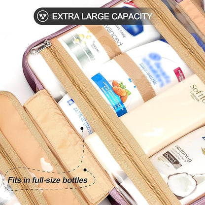 Travel Hanging Toiletry Bag for Women, Extra Large Makeup Bag, Holds Full-Size Shampoo, with Jewelry Organizer Compartment, Waterproof Cosmetic Bag, Toiletries Kit Set with Trolley Belt, Dark Purple