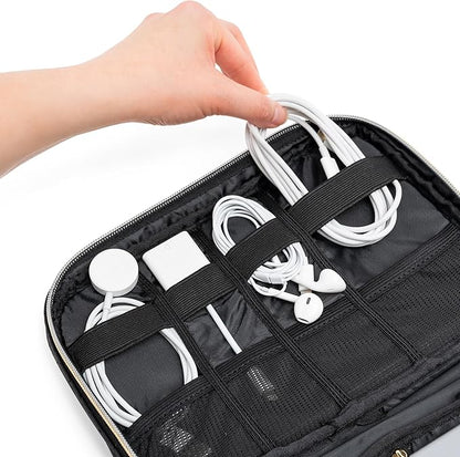 Pavilia Tech Organizer Case - Electronic & Cable Organizer, Small Charger Pouch, Black Quilted Travel Accessory