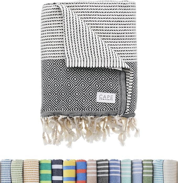Oversized Turkish Beach Towel, Diamond Dobby Charcoal - 37'' x 67'' - Super Soft & Lightweight | Quick Dry Sand Free Travel Towels for Beach or Bath | Gifts