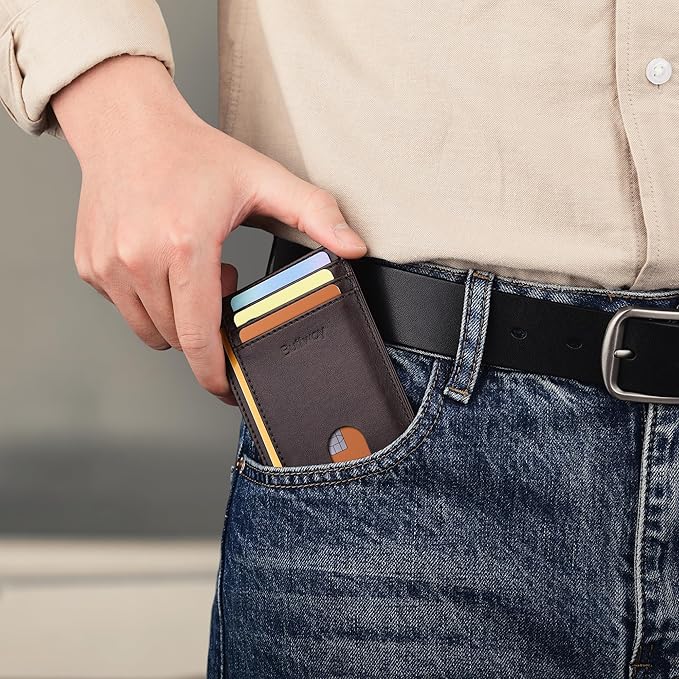 Buffway Slim Minimalist Front Pocket RFID Blocking Leather Wallets for Men and Women - Pebble Brown