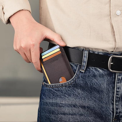 Buffway Slim Minimalist Front Pocket RFID Blocking Leather Wallets for Men and Women - Pebble Brown