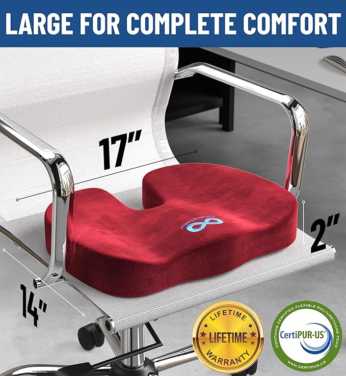 Everlasting Comfort Doctor Recommended Memory Foam Seat Cushion for Office Chairs & Car - Ergonomic Office Desk Accessories - Cushions for Tailbone Pain Relief, Sciatica & Back Support Pillow