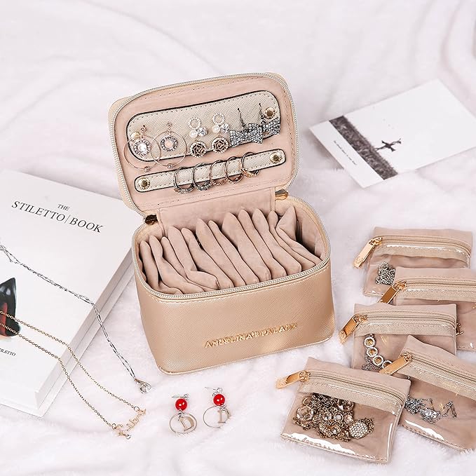 Angelina's Palace Jewelry Organizer Case Bridesmaid Gifts Travel Bag Vegan Leather Box for Necklace Earring Bracelet Ring(champagne)