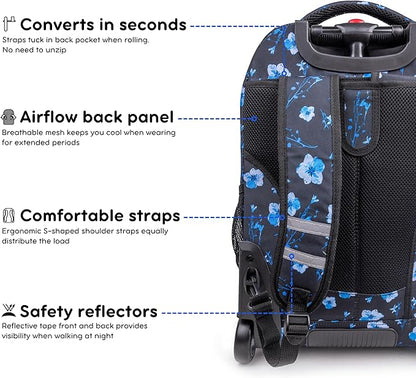 J World New York Sundance Rolling Backpack Girl Boy Roller Bookbag, Night Bloom, 20 X 13 X 9 (H X W X D), RBS-19 NIGHT BLOOM