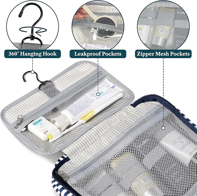 PAVILIA Hanging Toiletry Bag Travel Bag Women Men, Foldable Cosmetic Organizer, Roll up Makeup Bag, Water Resistant Accessories Toiletries, Large Travel Essentials Kit (Navy Stripe)