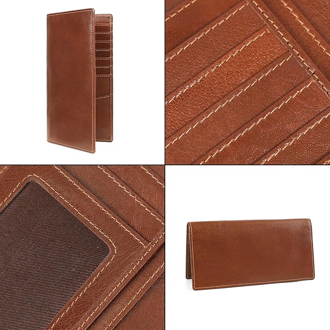 ELIZO Men's Genuine Leather Long Wallet - RFID Blocking Rodeo Checkbook Wallet | Slim Western Bifold Wallet with 16 Card Slots, ID Window | Top Grain Leather Cowboy Wallet