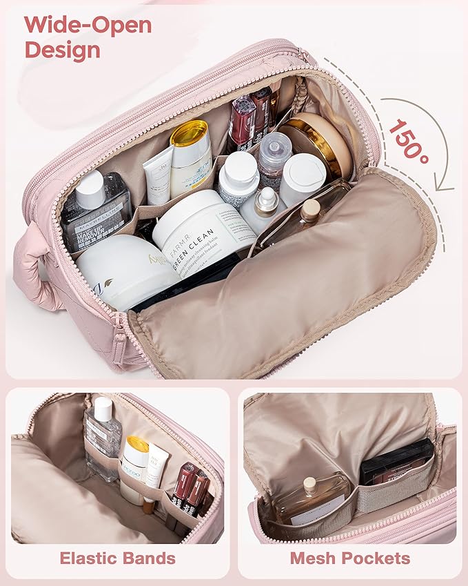 Travel Toiletry Bag for Women, Water Resistant Makeup Organizer with Wide-Open Design for Toiletries and Cosmetics, Pink (Bag Only)
