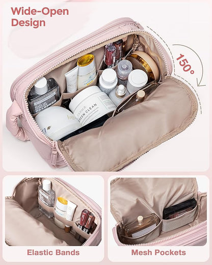 Travel Toiletry Bag for Women, Water Resistant Makeup Organizer with Wide-Open Design for Toiletries and Cosmetics, Pink (Bag Only)