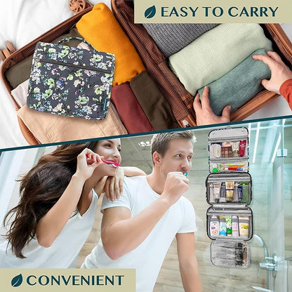 PAVILIA Hanging Toiletry Bag Women Men, Foldable Cosmetic Organizer Travel Bag, Water Resistant Makeup Bag Toiletries, Large Travel Essentials Kit (Grey Floral)