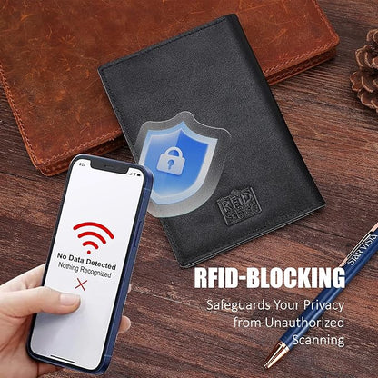 STAR VISTA Albatross Leather Travel Passport Holder, Minimalist Design, Calfskin Leather Case for Women and Men - Slim Passport Wallet, Bifold, RFID Blocking, Black