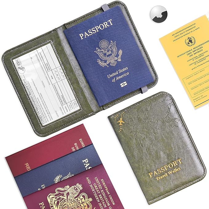 QIELIZI Passport Holder with Airtag Slot, Airtag Passport Wallet for Men Women, Slim Leather Passport Holder Case Family for Travel Anti-Lost(1-Green)