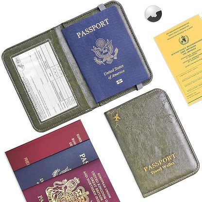 QIELIZI Passport Holder with Airtag Slot, Airtag Passport Wallet for Men Women, Slim Leather Passport Holder Case Family for Travel Anti-Lost(1-Green)