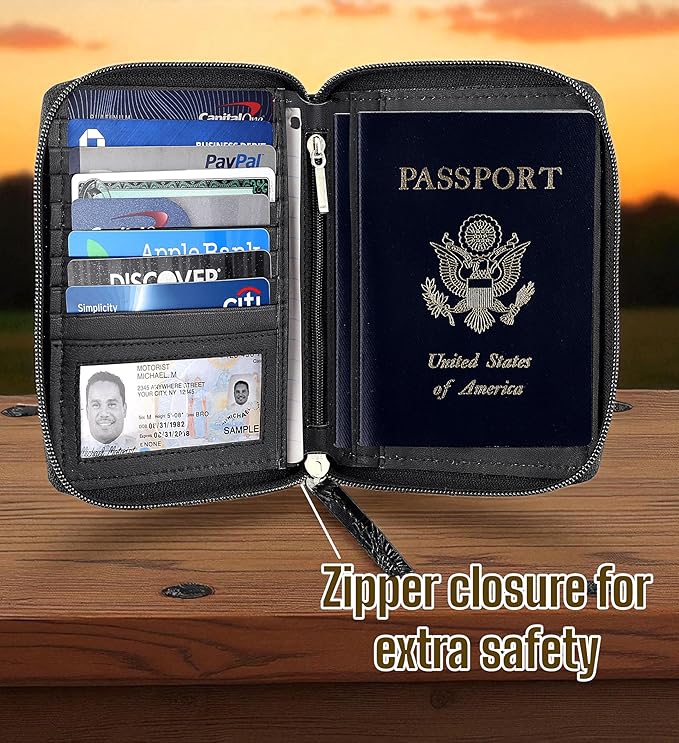 Passport Wallet - Travel Document Holder w/RFID Blocking – Full Grain Leather – Bifold compact zip around Wallet with Credit Card Slots for Women and Men, black, 500-90
