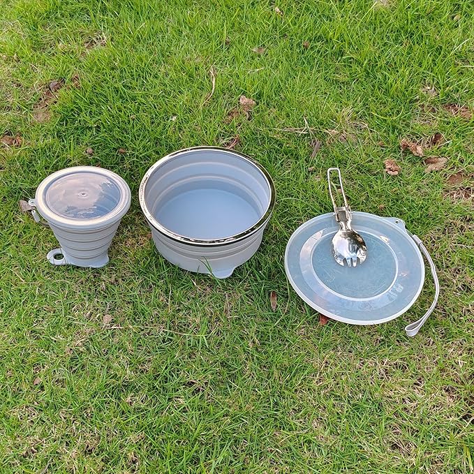 Mess Kit for Camping Silicone Collapsible Bowl Collapsible Cup and Stainless Steel Spoon for Backpacking Outdoor Hiking Traveling and Picnic - 2 Pack