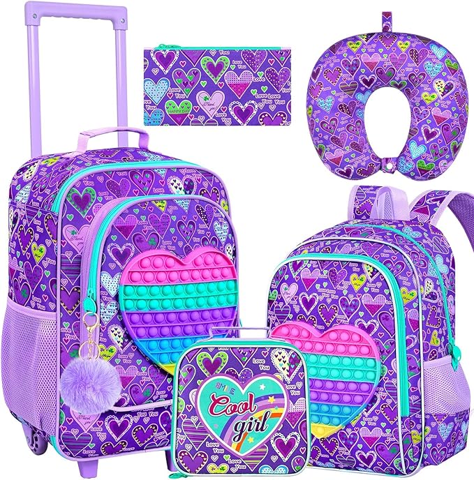 AGSDON 5 Piece Kids Luggage Set for Girls, Cute Rolling Wheels Suitcase for Toddler, Children Travel Carry on Suitcase -Love