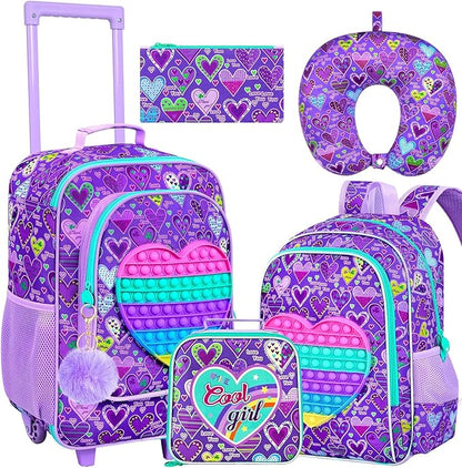 AGSDON 5 Piece Kids Luggage Set for Girls, Cute Rolling Wheels Suitcase for Toddler, Children Travel Carry on Suitcase -Love
