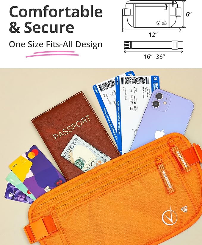 Vantamo Money Belt with RFID For Men & Women, Hidden Passport Holder for Travel, 2 Compartment Travel Fanny Pack for Women Anti Theft
