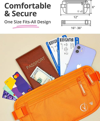 Vantamo Money Belt with RFID For Men & Women, Hidden Passport Holder for Travel, 2 Compartment Travel Fanny Pack for Women Anti Theft