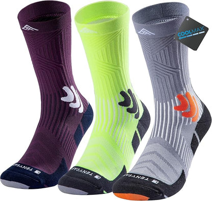 Men's Compression Running Socks: Coolmax Athletic Crew Socks Moisture Wicking Anti-Blister Cushion for Hiking 3 Pairs