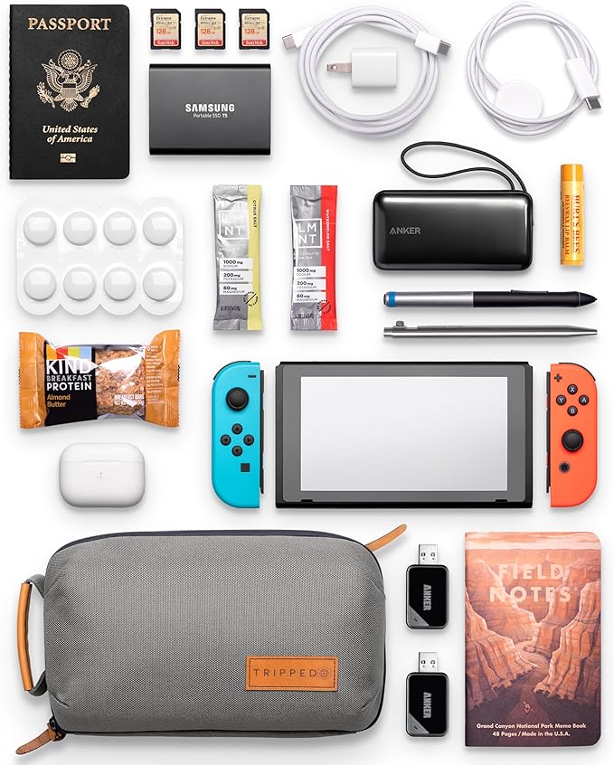 Tech Bag Organizer - Small Electronics Organizer Pouch for Travel - Premium Travel Case with Leather Accents - Mesh Pocket for Cables, Cords and Chargers (Grey)