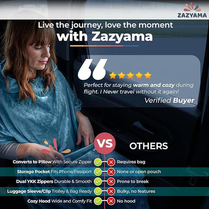 3-in-1 Travel Blanket Airplane – Compact with Bag & Pillow Combo Set, Dusty Blue Ultra-Soft Fleece | Packable Blanket Compact | Hidden Pocket | Trolley Sleeve | Carabiner | Travel Essentials