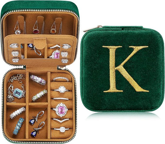 Parima Travel Jewelry Case - Small Jewelry Boxes for Women, Personalized Custom Monogrammed Jewelry Box for Woman - Letter K, Green