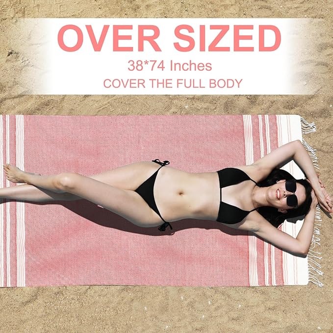 Genovega 6 Packs Oversized Turkish Beach Towels Set Bulk 74"x38" Extra Large Sand Free Quick Dry Swim Bath Pool Towel Travel Blanket Adult Essentials Cruise Accessories Vacation Red Stuff