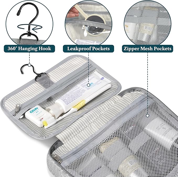 PAVILIA Hanging Toiletry Bag Travel Bag Women Men, Foldable Cosmetic Organizer, Roll up Makeup Bag, Water Resistant Accessories Toiletries, Large Travel Essentials Kit (Heather Grey)