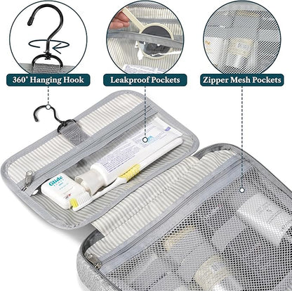 PAVILIA Hanging Toiletry Bag Travel Bag Women Men, Foldable Cosmetic Organizer, Roll up Makeup Bag, Water Resistant Accessories Toiletries, Large Travel Essentials Kit (Heather Grey)