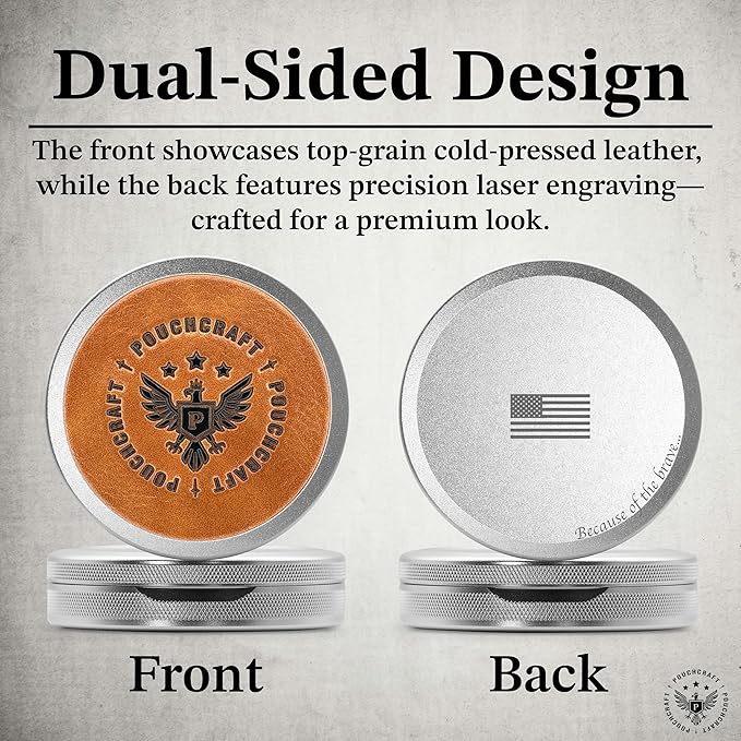 Leather-Faced Metal Pouch Can | Metal Container | Slim EDC Pocket Tin | Airtight & Moisture-Resistant | Daily Organizer | Pill Case & Travel Tin | Father’s Day Gift for Dad | (Insignia Ed, Silver)