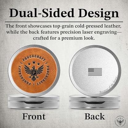 Leather-Faced Metal Pouch Can | Metal Container | Slim EDC Pocket Tin | Airtight & Moisture-Resistant | Daily Organizer | Pill Case & Travel Tin | Father’s Day Gift for Dad | (Insignia Ed, Silver)