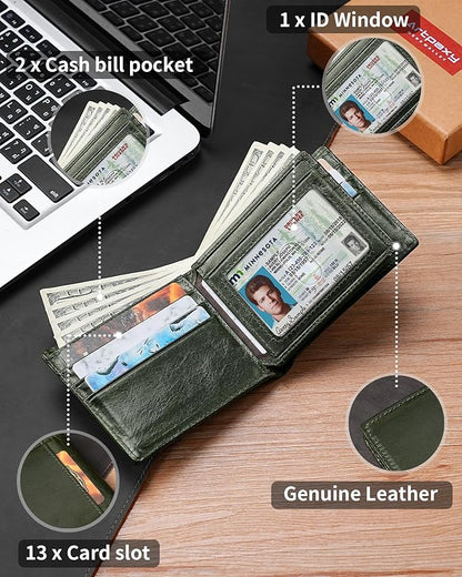 Mens Wallet Bifold Genuine Leather RFID Blocking Wallet for Men with 1 ID Windows 13 Card Holders 2 cash pockets 1 Gift Box