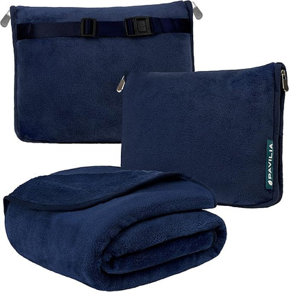 PAVILIA Travel Blanket Pillow, Soft Airplane Blanket 2-IN-1 Combo Set, Plane Blanket Compact Packable, Flight Essentials Car Pillow, Travelers Gifts Accessories Luggage Backpack Strap, 60x43 Navy Blue