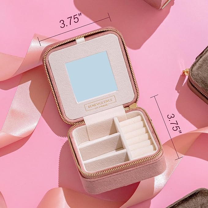 Benevolence LA Plush Velvet Jewelry Box | Travel Jewelry Case Organizer with Mirror | Featured in Oprah's Favorite Things | Best Gifts For Daughter, Girlfriend, Mom | Gifts For Her - Dusty Pink