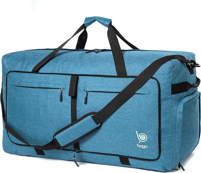 Bago Large Foldable Duffel Bags for Traveling Women & Men - 100L Packable Duffle Bag for Travel with Shoe Compartment - Water Repellant, Heavy Duty, Lightweight Folding & Collapsible (SnowBlue)