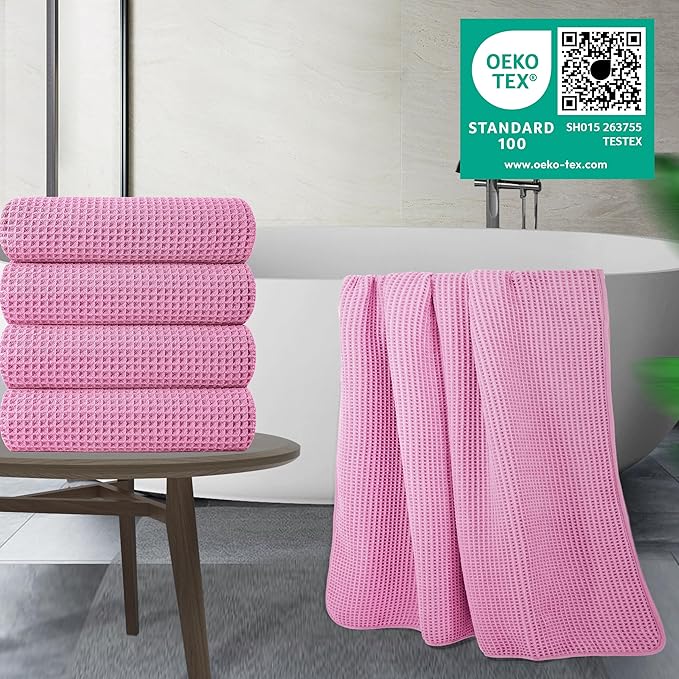 POLYTE Microfiber Oversize Quick Dry Lint Free Bath Towel, 60 x 30 in, 4 Pack (Waffle Weave)