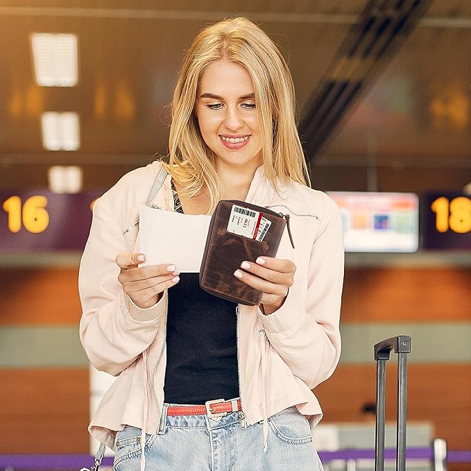 Passport Wallet - Travel Document Holder w/RFID Blocking – Full Grain Leather – Bifold compact zip around Wallet with Credit Card Slots for Women and Men, brown flag, 500-32