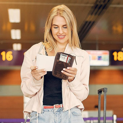 Passport Wallet - Travel Document Holder w/RFID Blocking – Full Grain Leather – Bifold compact zip around Wallet with Credit Card Slots for Women and Men, brown skull,500-31