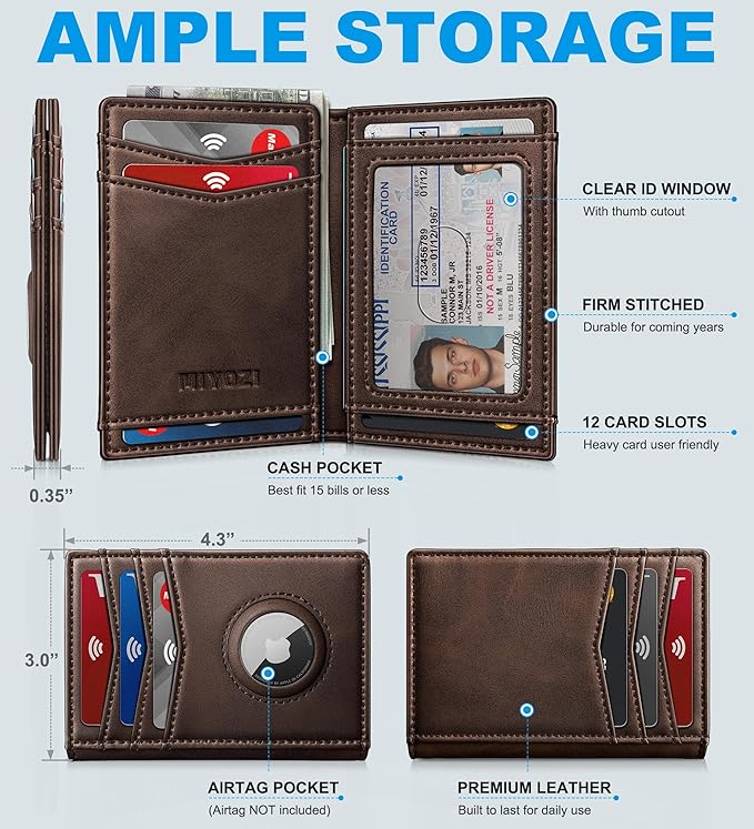 Airtag Slim Leather Wallet for Men - 12-Card Capacity, Magnetic Closure, Money Clip & Simplified Bill Compartment, RFID Blocking (4.3" x 3.0") | Gift Boxed