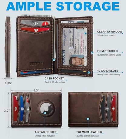 Airtag Slim Leather Wallet for Men - 12-Card Capacity, Magnetic Closure, Money Clip & Simplified Bill Compartment, RFID Blocking (4.3" x 3.0") | Gift Boxed