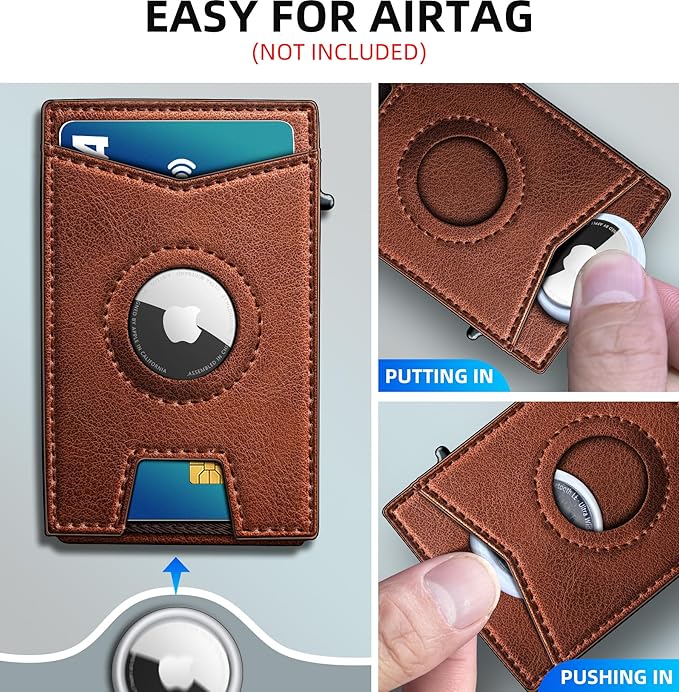 Airtag Wallet for Men,with Money Clip Gift Boxed,Slim Front Pocket Wallet RFID Blocking Metal Case Smart Pop-up Credit Card Holder in Magnetic Leather Flip
