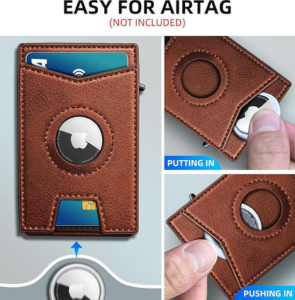 Airtag Wallet for Men,with Money Clip Gift Boxed,Slim Front Pocket Wallet RFID Blocking Metal Case Smart Pop-up Credit Card Holder in Magnetic Leather Flip