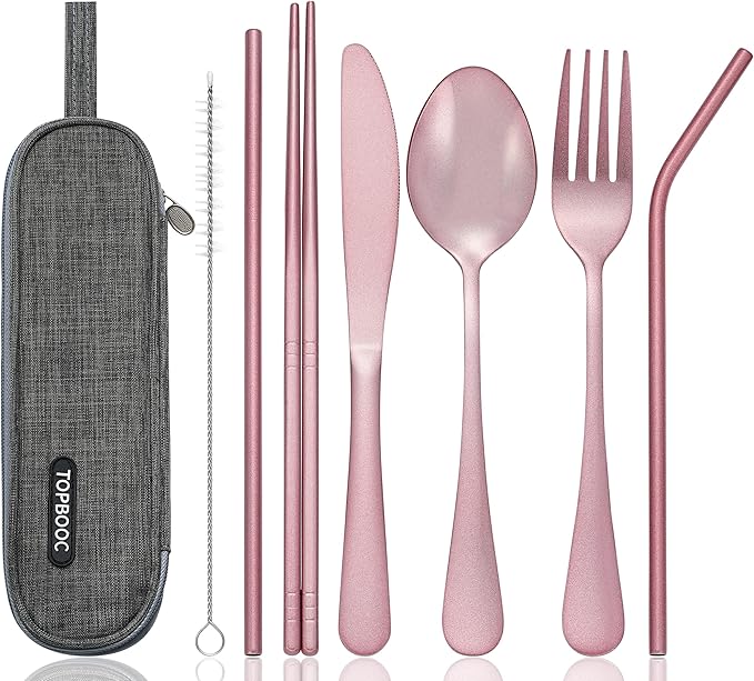 Portable Stainless Steel Flatware Set, Travel Camping Cutlery Set, Portable Utensil Travel Silverware Dinnerware Set with a Waterproof Case (Pink)