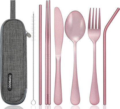 Portable Stainless Steel Flatware Set, Travel Camping Cutlery Set, Portable Utensil Travel Silverware Dinnerware Set with a Waterproof Case (Pink)