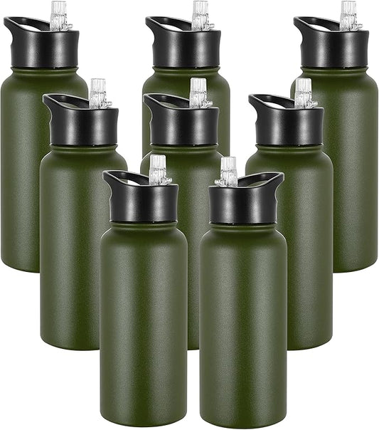 VEGOND 32 oz Insulated Water Bottle Bulk Stainless Steel Metal Water Bottles with Leak Proof Straw Lid & Spout Lid, Wide Mouth Double Walled Vacuum Travel Sports Bottle, 8 Pack