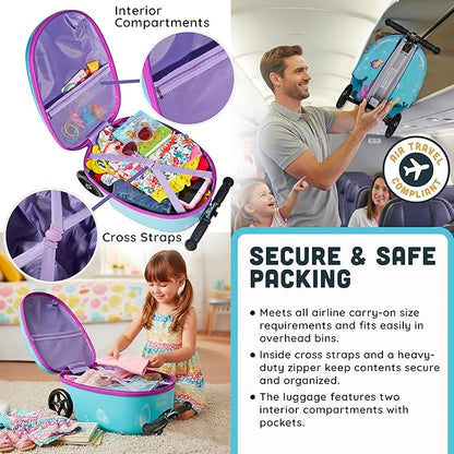 Hardshell Kids Ride-On Luggage with Scooter Suitcase – Carry-On Compliant with LED Light-Up Wheels – Fun and Functional Travel Companion for Children Ages 5–12