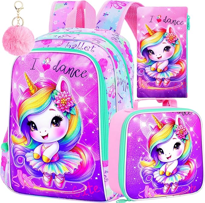 WZLVO 3PCS Kids Backpack for Girls, Unicorn Dinosaur Animal Prechool Elementary Kindergarten School Bookbag with Lunch Box